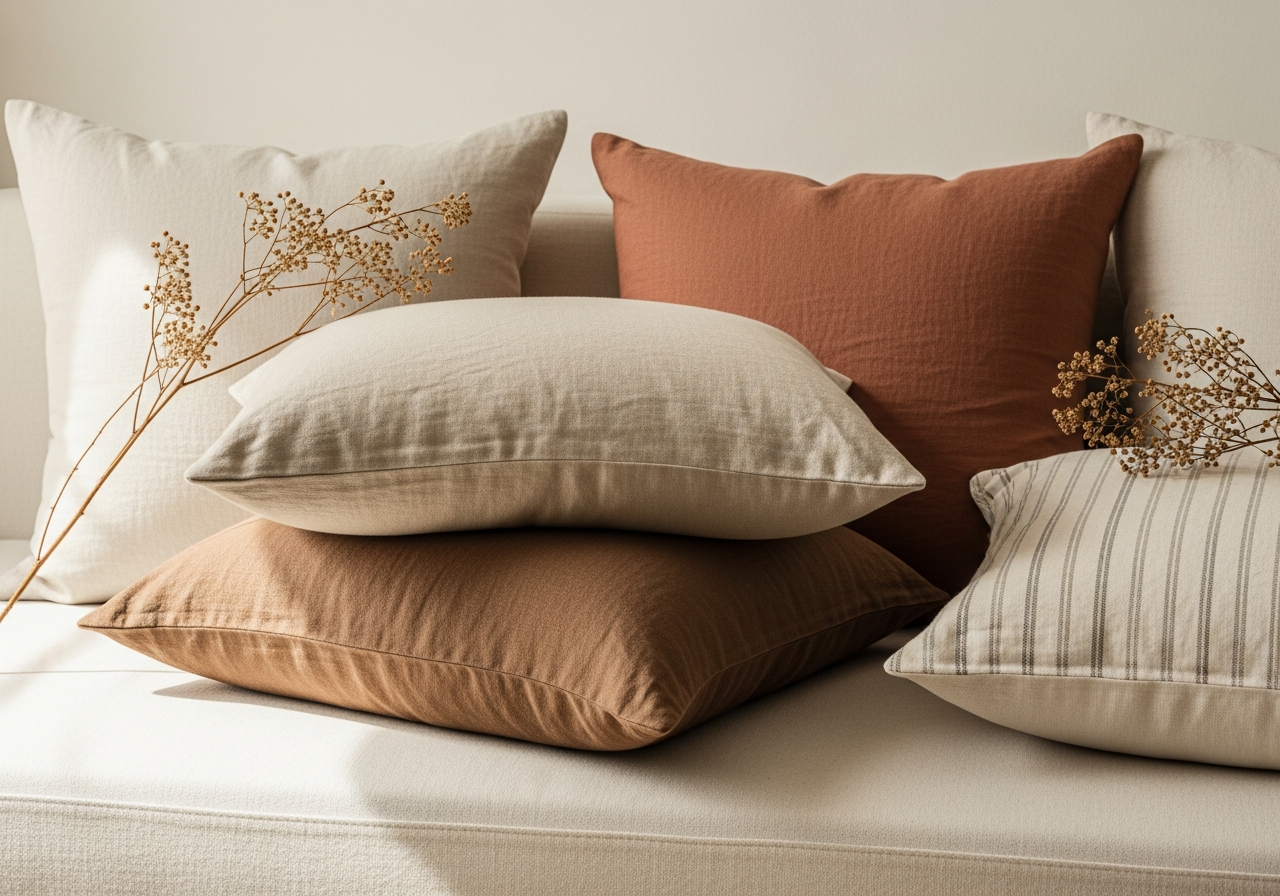 ZOQ Linen washed cushion covers in oatmeal, taupe and terracotta
