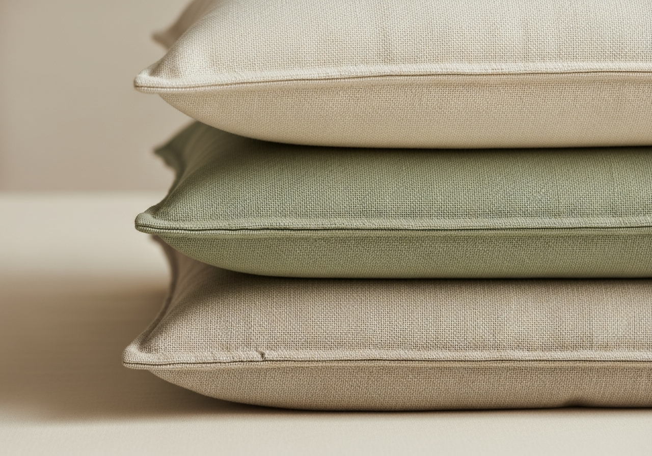 Sage mist linen pillowcases stacked, weave detail