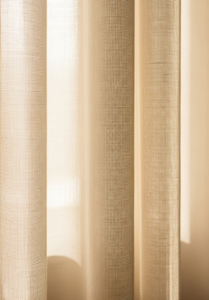 Backlit ivory sheer linen curtain, weave detail