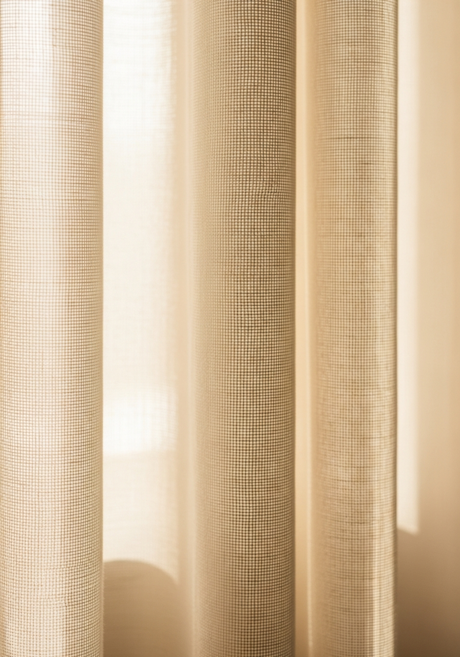 Backlit ivory sheer linen curtain, weave detail
