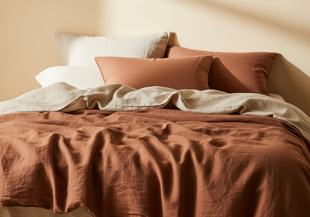 Terracotta clay linen duvet styled on a bed, lifestyle