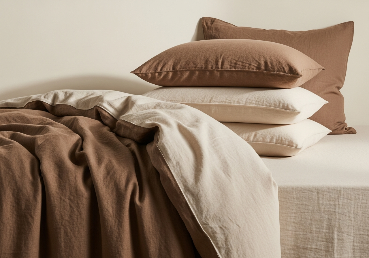 Warm taupe linen duvet styled on a bed, lifestyle