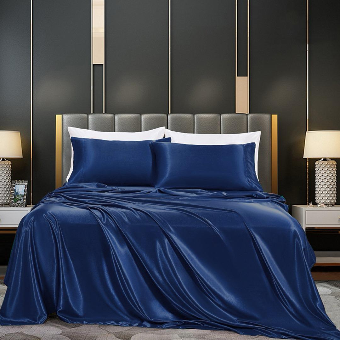 Cotton Satin Stripe Bedsheet - Navy Blue