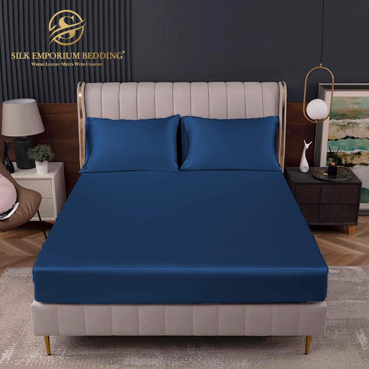 Cotton Satin Stripe Fitted Sheet - Navy Blue