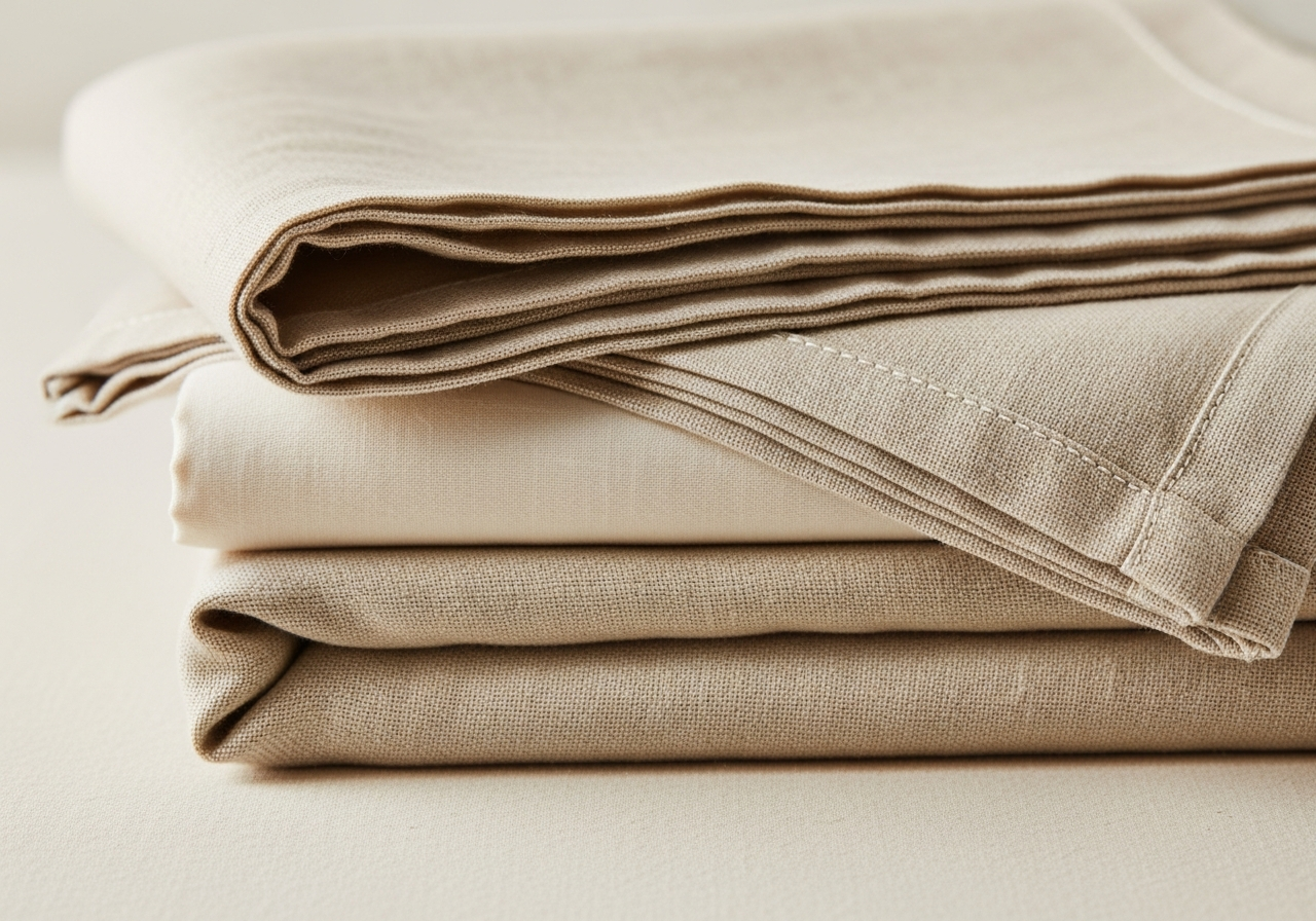 Folded oat linen sheets detail showing the weave
