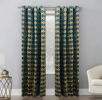 ZOQ Linen Printed Velvet Curtain Teal Gold Ogee