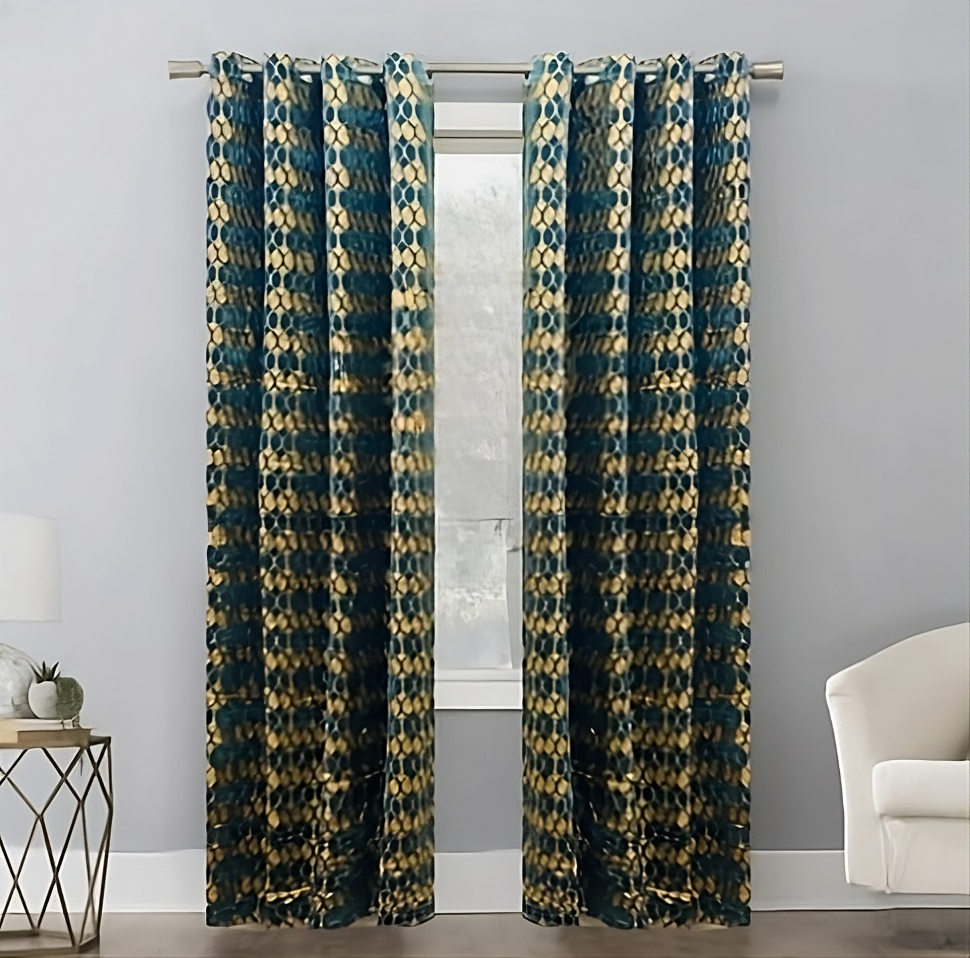 ZOQ Linen Printed Velvet Curtain Teal Gold Ogee