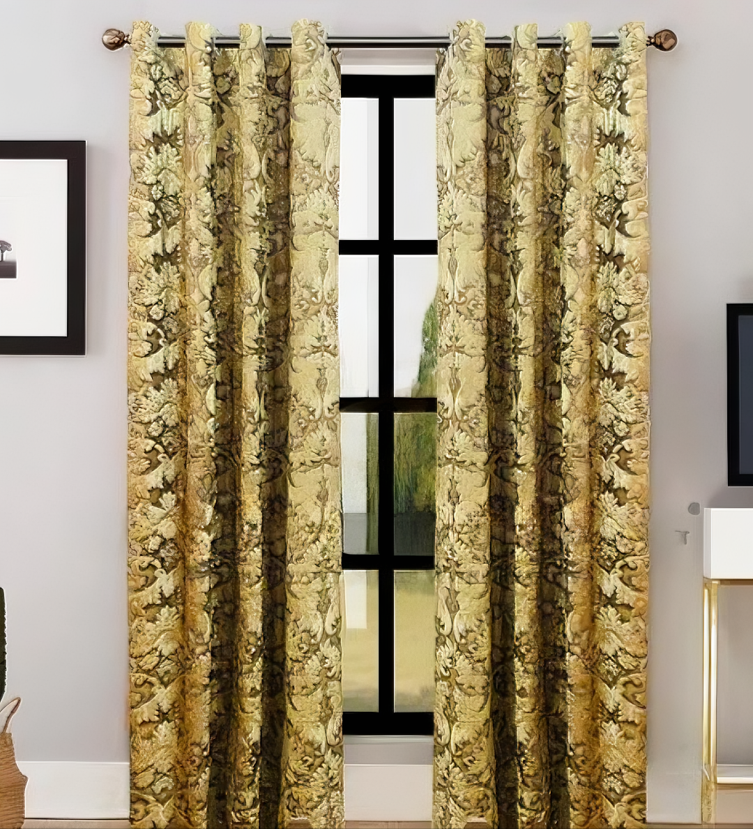 ZOQ Linen Printed Velvet Curtain Golden Damask Leaf