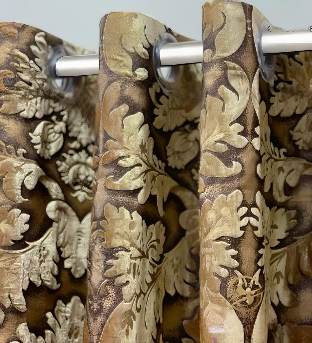 ZOQ Linen Printed Velvet Curtain Golden Damask Leaf fabric texture
