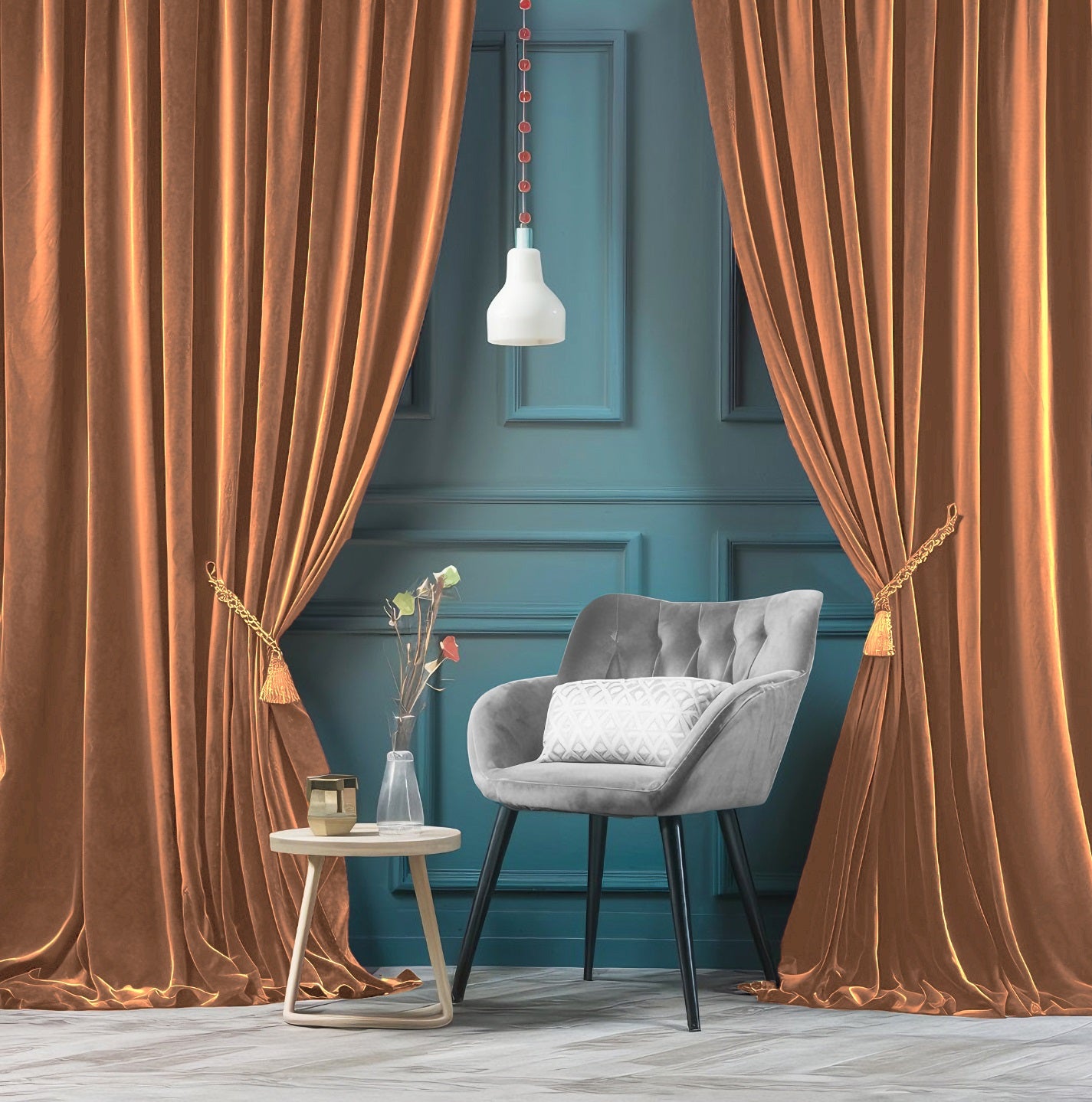 ZOQ Linen Velvet Curtain Burnt Orange styled in room