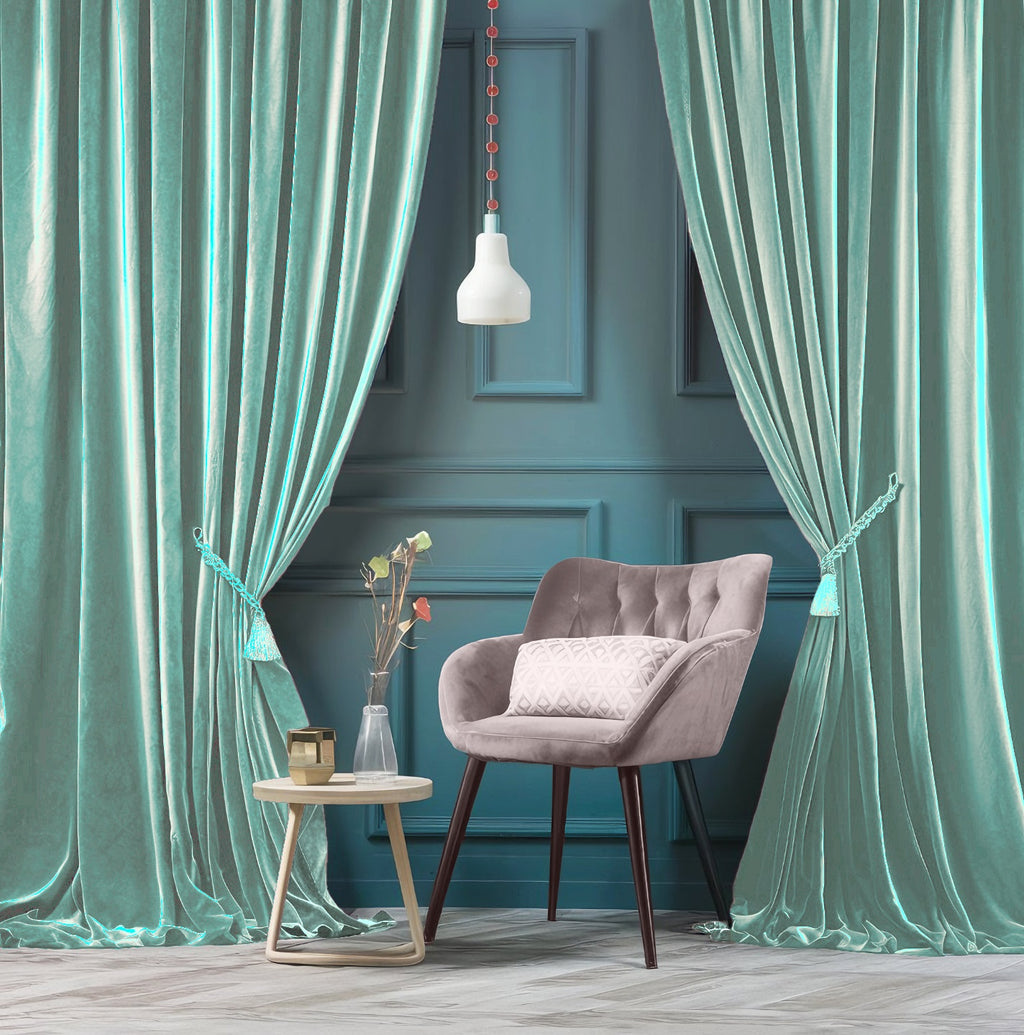 ZOQ Linen Velvet Curtain Seafoam Teal styled in room