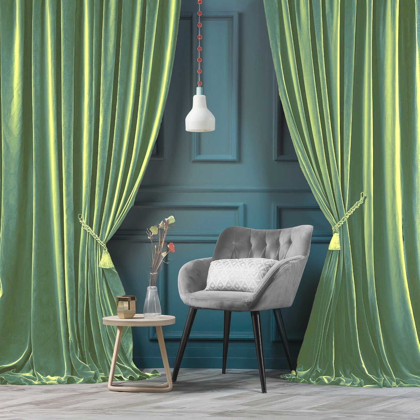 ZOQ Linen Velvet Curtain Sage Green styled in room