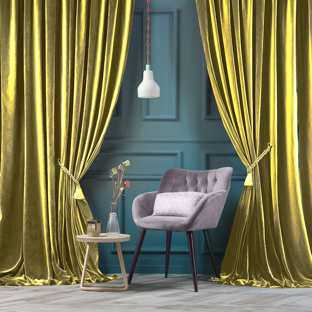 ZOQ Linen Velvet Curtain Mustard Olive styled in room