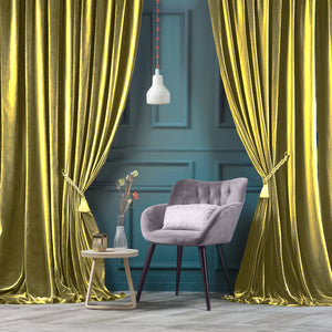 ZOQ Linen Velvet Curtain Mustard Olive styled in room