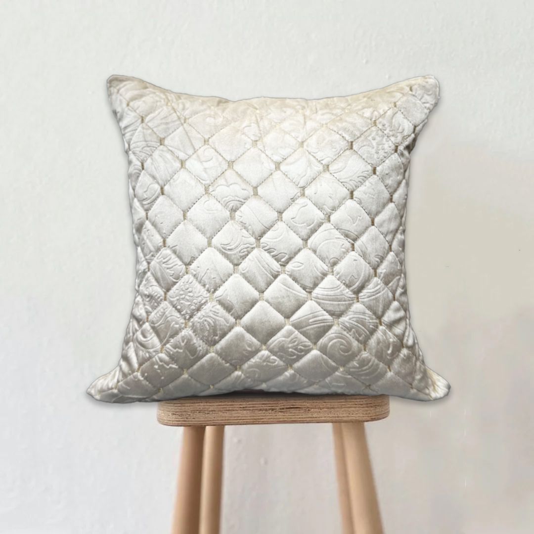 Diamond Quilted Velvet Cushion - Pearl White