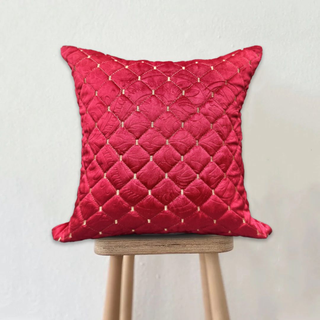 Diamond Quilted Velvet Cushion - Red Gold Dot
