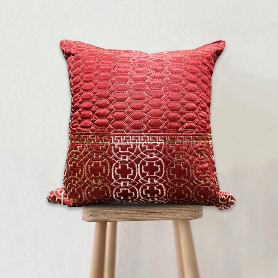 Medallion Embroidered Velvet Cushion - Red Border Design