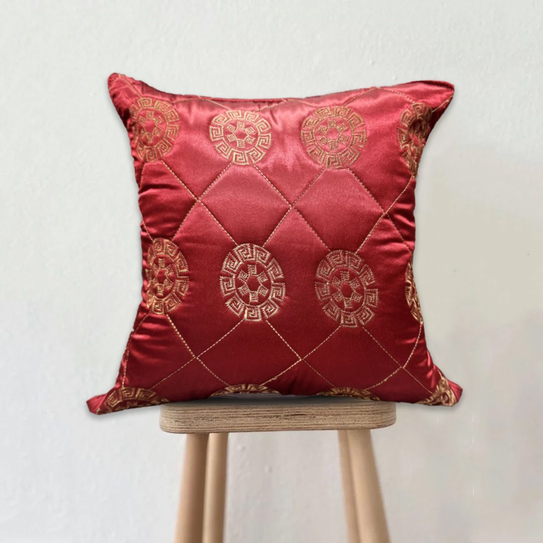 Medallion Embroidered Velvet Cushion - Red