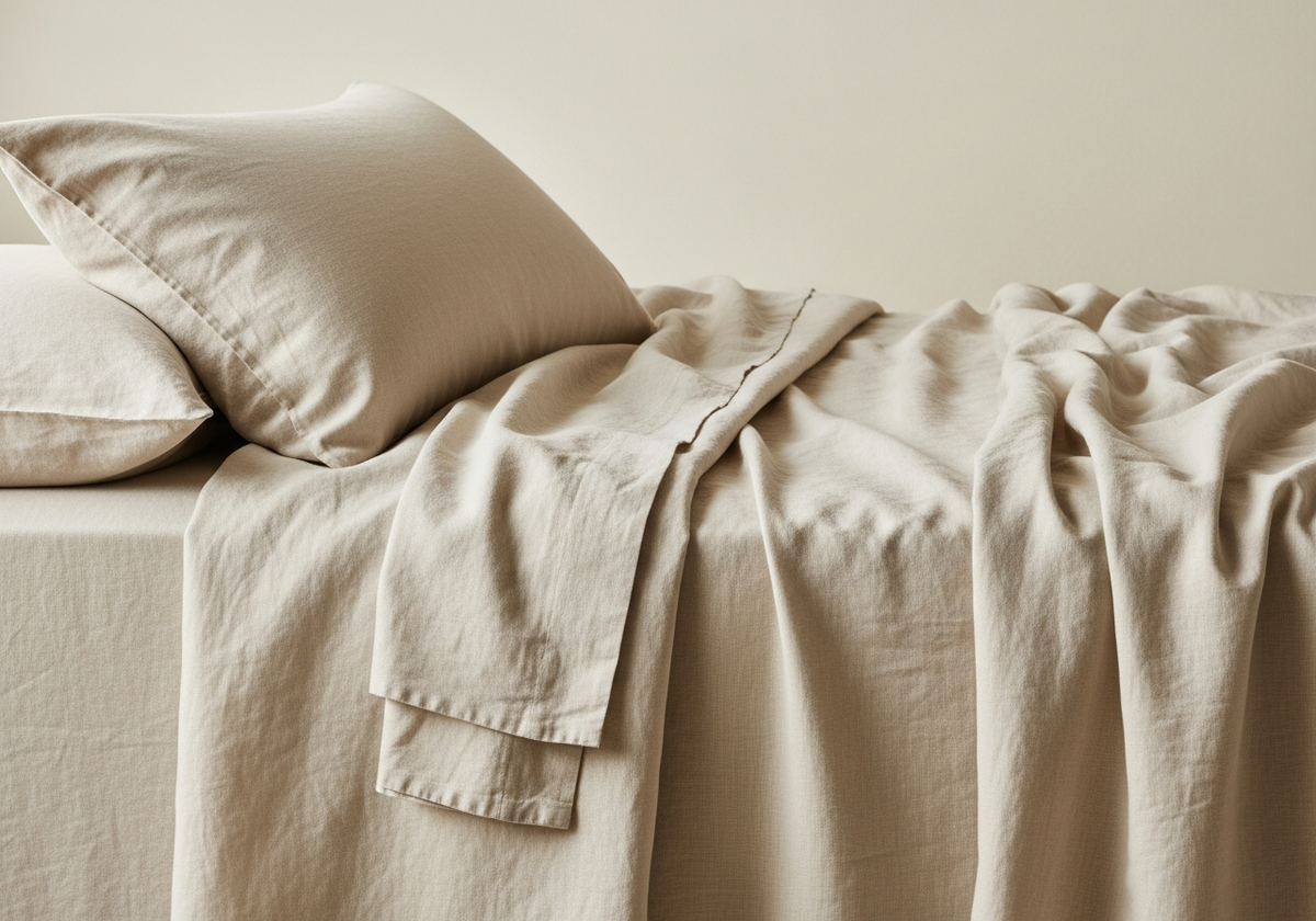 Stonewashed linen sheet set in oat